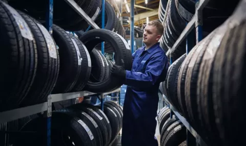 Un tecnico di Point S che tiene uno pneumatico tra due supporti per pneumatici per verificarne l'indice di velocità